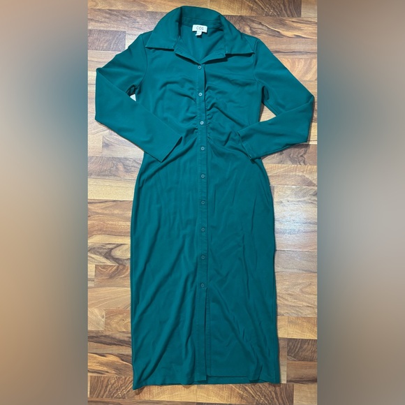 COS Green Button Down Collared Midi Dress Small Minimalist Long Sleeve Modern - Picture 2 of 10